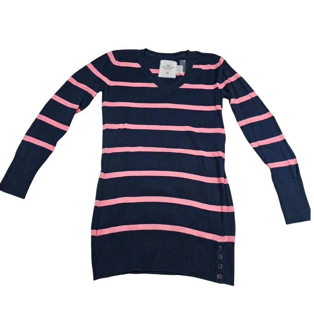 Girls H&M Striped V-Neck Knit Sweater Dress with Buttons, Preppy‎ Chic 10/12Y